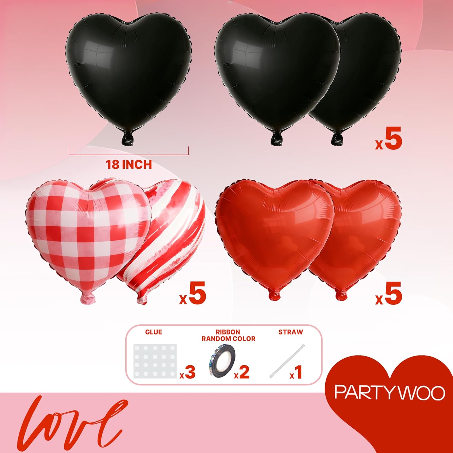 PartyWoo Pink Balloons Set - 127 Pcs in Various Sizes with Red & Black Heart Foil for Valentine's Day Decor