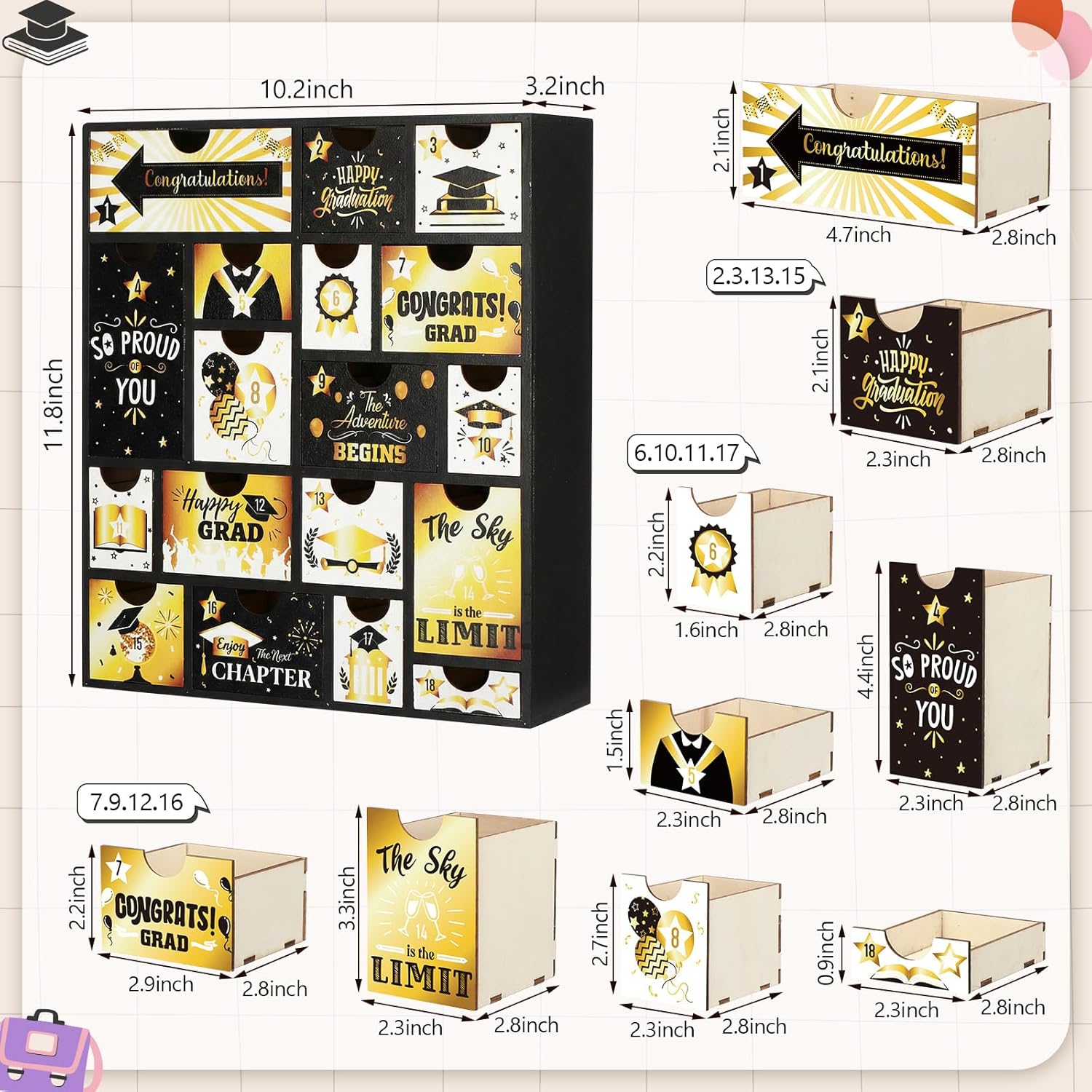 Novabright Graduation Countdown Calendar - 18 Days Fillable Advent Box with 18 Drawers | Black Gold