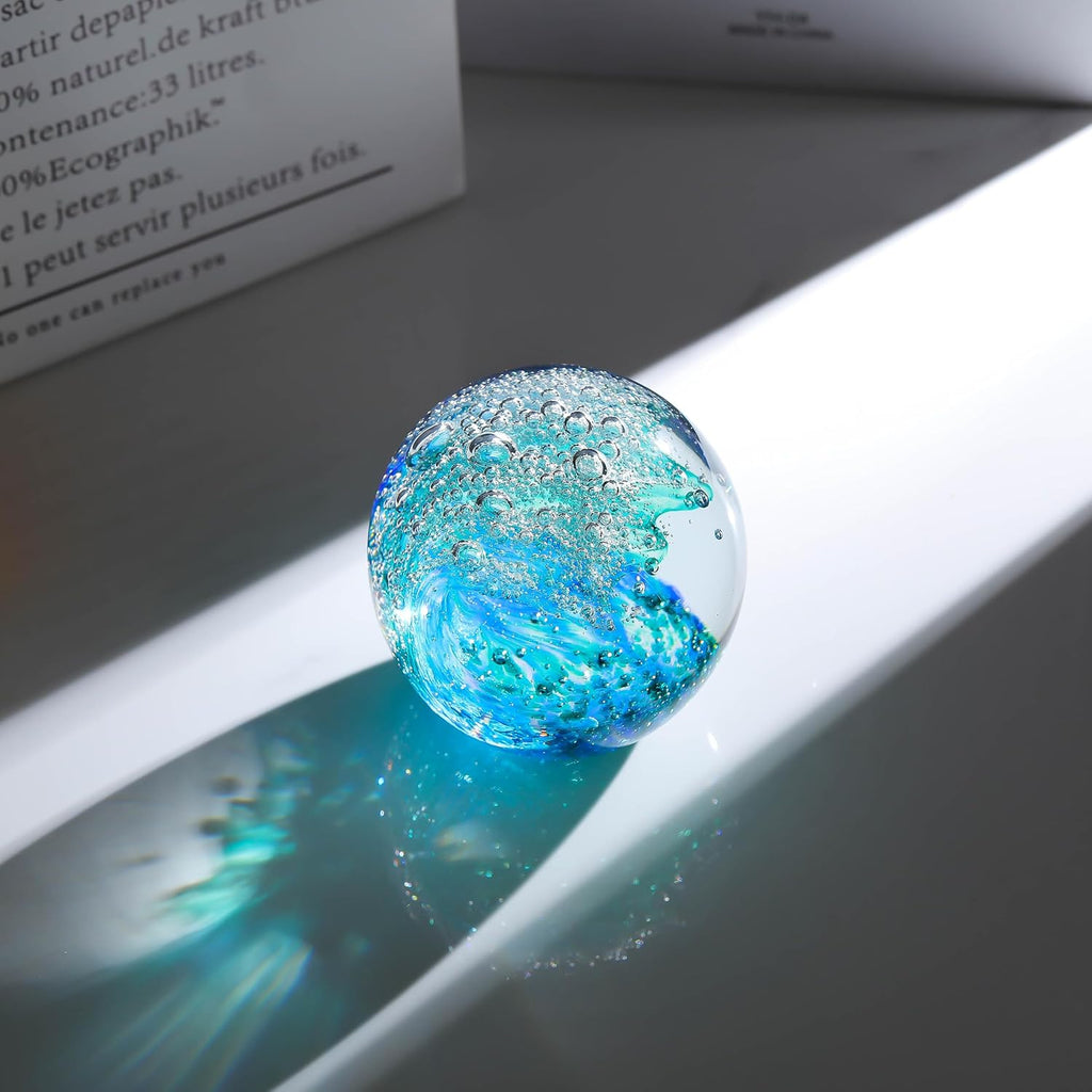 Qianwei Hand Blown Ocean Waves Crystal Ball - Unique Glass Collectible Sphere for Home & Office Decor