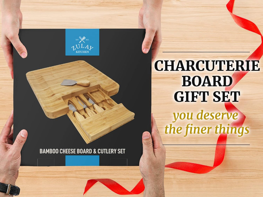 Zulay Kitchen Bamboo Cheese Board Set - Extra Thick Charcuterie Board with 4 Knives | Ideal for Wine & Cheese Gifts