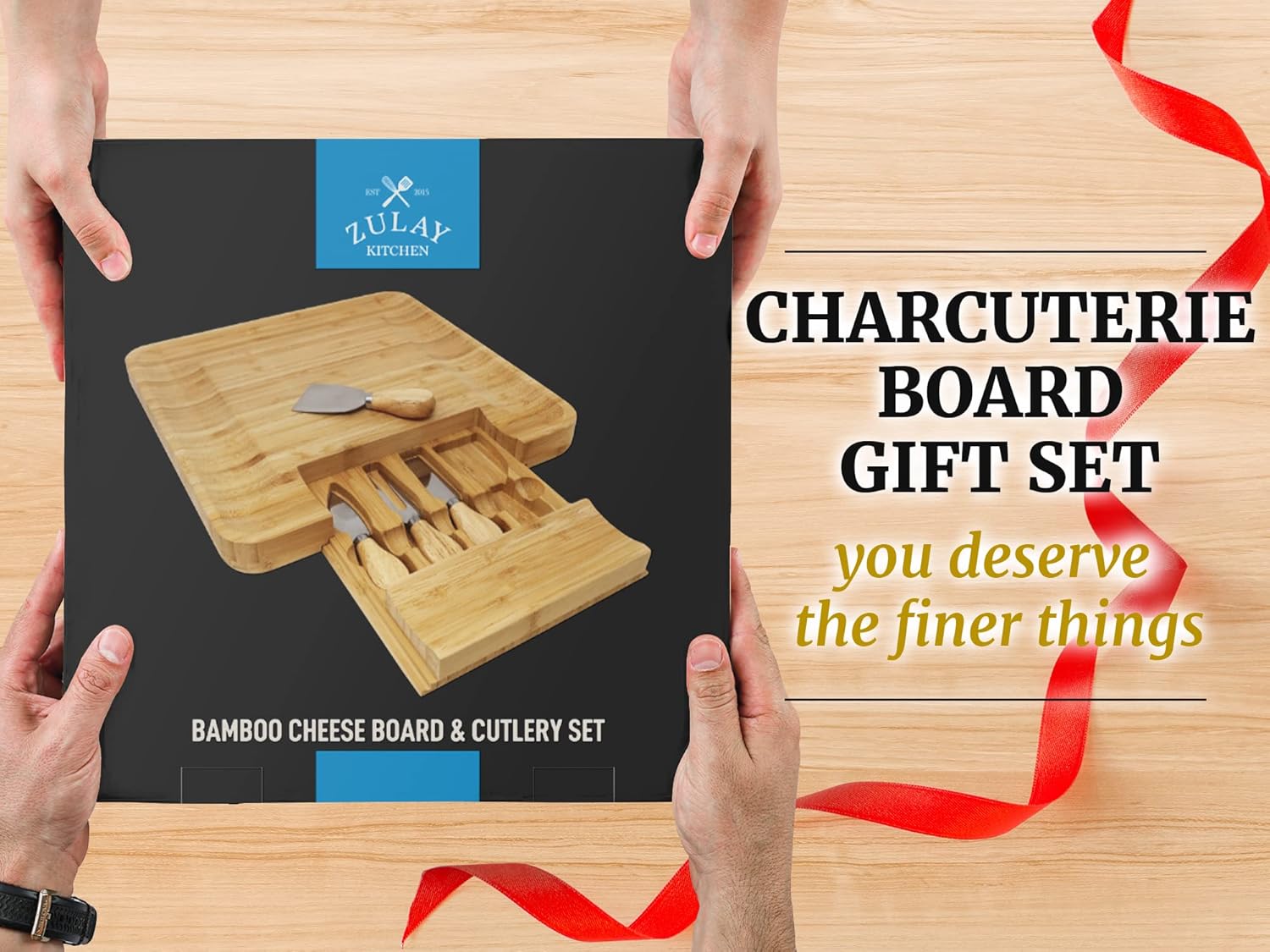 Zulay Kitchen Bamboo Cheese Board Set - Extra Thick Charcuterie Board with 4 Knives | Ideal for Wine & Cheese Gifts