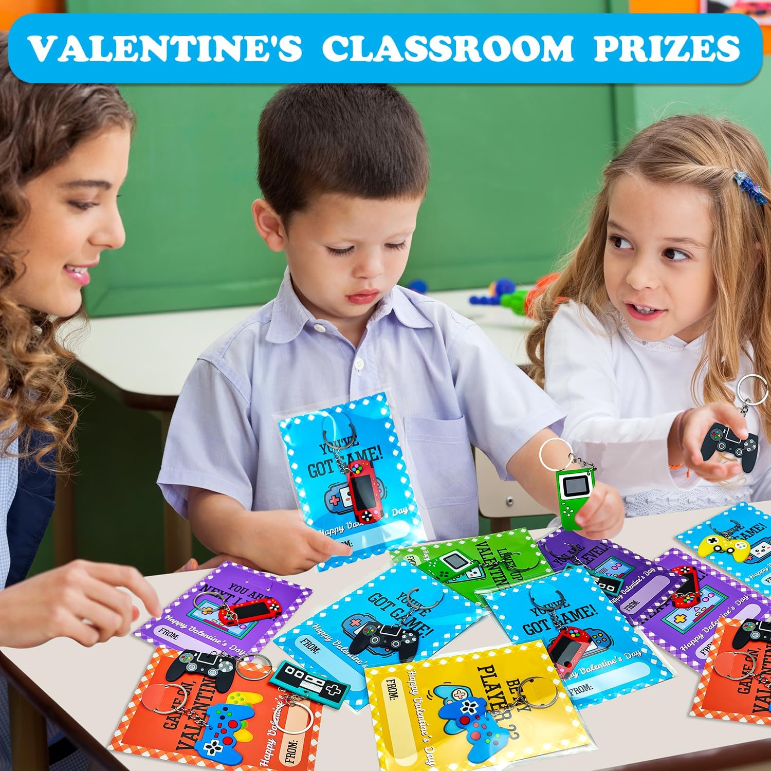 Skiennix Bulk Valentine's Day Cards - 48 Pack Video Game Keychains | Classroom Exchange Gifts for Kids