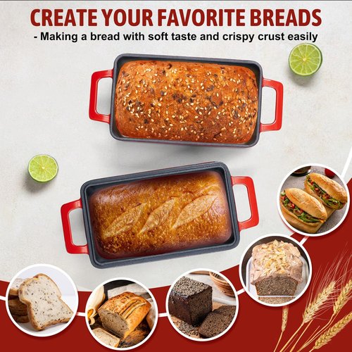 P&P CHEF 2-In-1 9 x 5 Inch Cast Iron Loaf Pan with Lid (Red), Bread Loaf Pans for Baking Homemade Sourdough Bread, Meatloaf, Toast, Cake, Nonstick & Healthy & Sturdy, 2 Piece Set