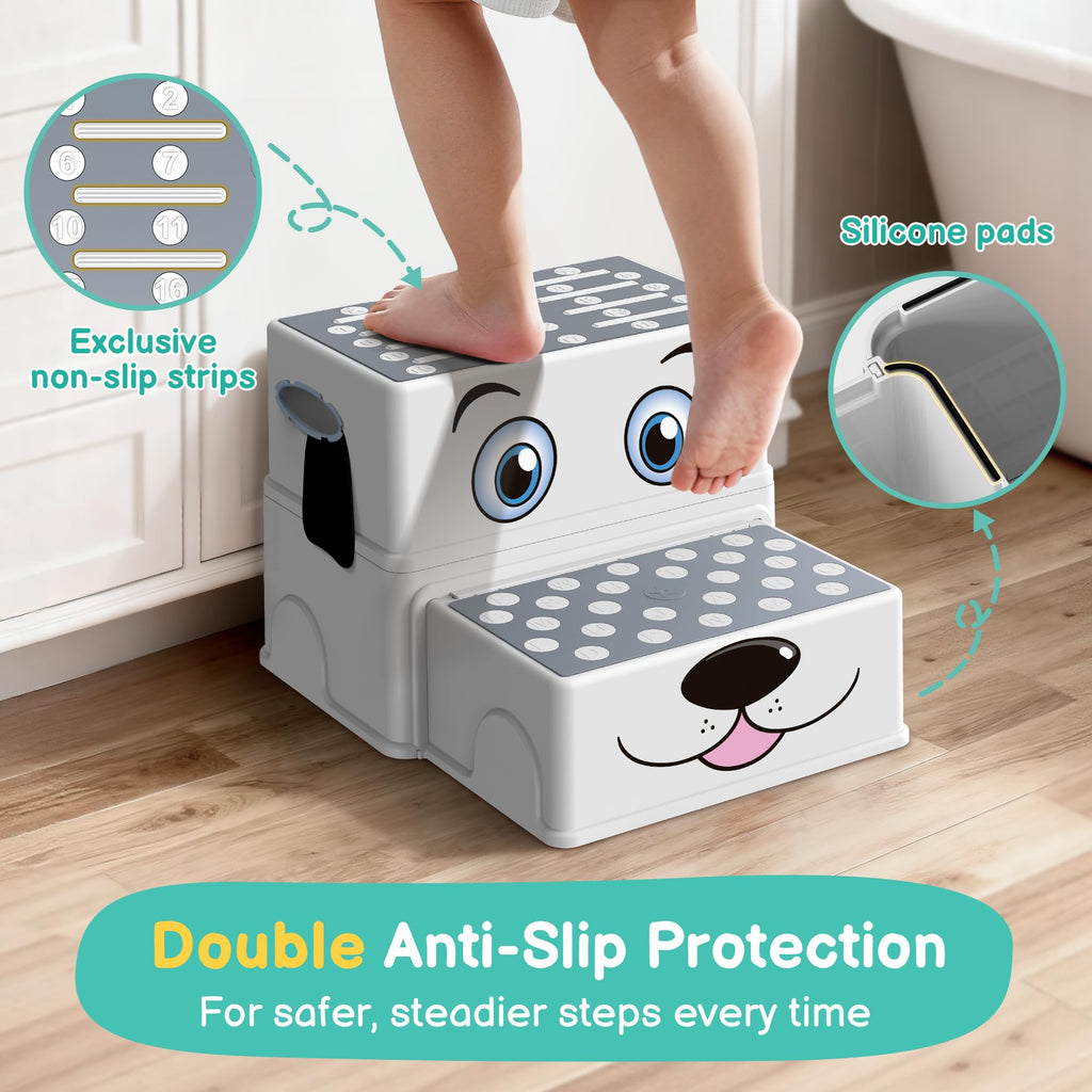 Vorykido Toddler Step Stool for Bathroom Sink, Cartoon Dog 2 Step Stool for Kids, Anti-Slip Kids Stool for Toilet Potty Training & Kitchen, Cute Dog Design Stepping Stool, 2 Pack, Grey