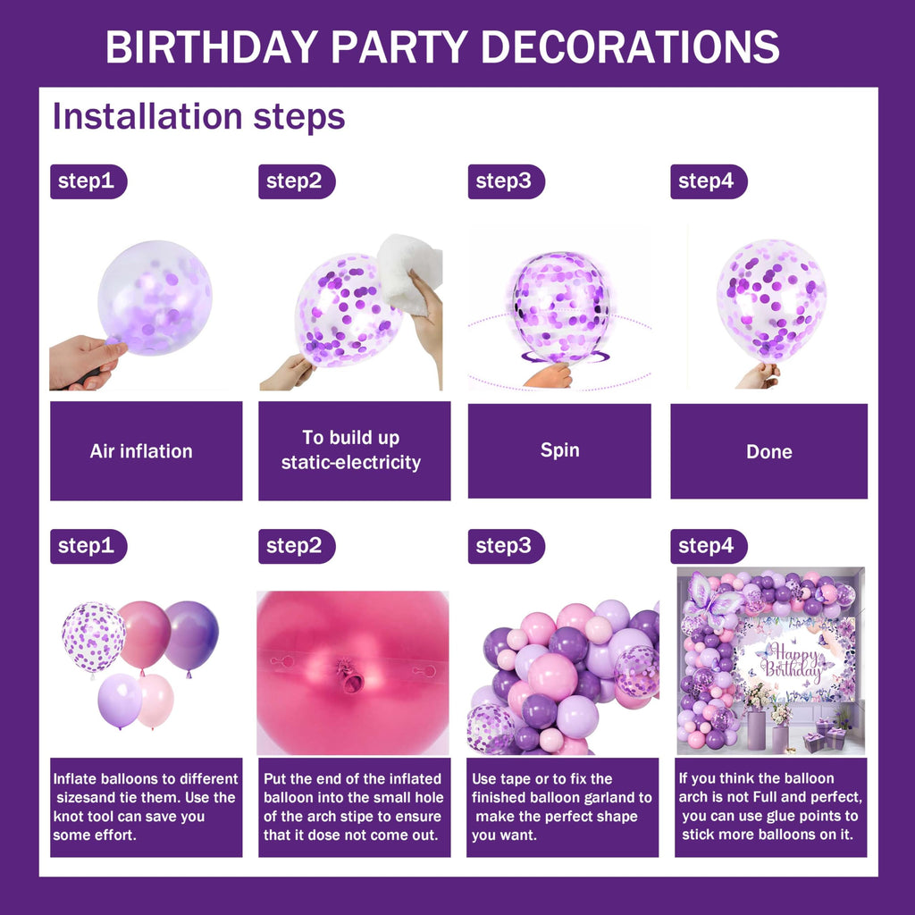 Purple Butterfly Birthday Decorations Balloon Arch Kit - Glitter Butterfly Party Supplies with Garland, Backdrop, Centerpieces for Women Girls Birthday Party Decor