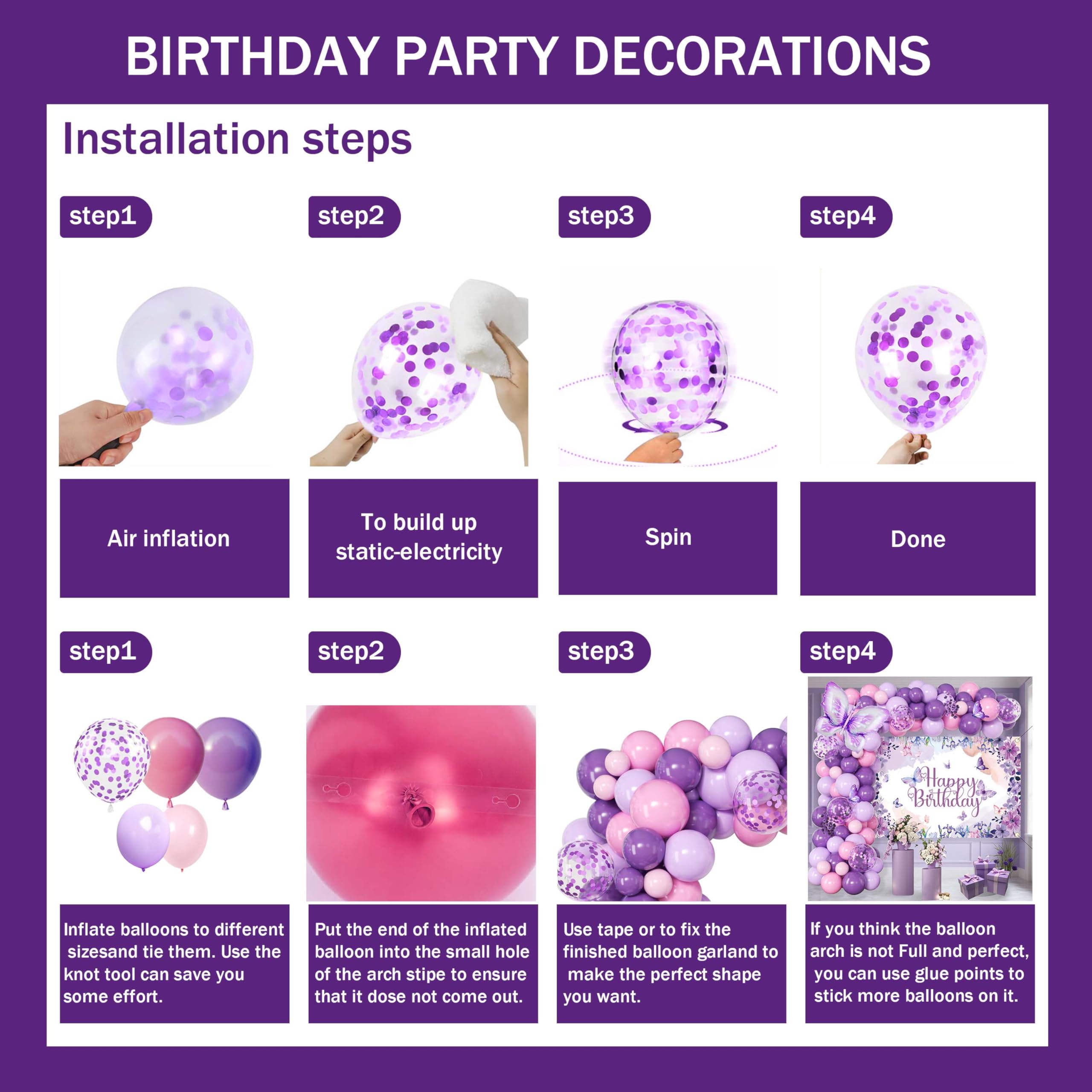 Purple Butterfly Birthday Decorations Balloon Arch Kit - Glitter Butterfly Party Supplies with Garland, Backdrop, Centerpieces for Women Girls Birthday Party Decor
