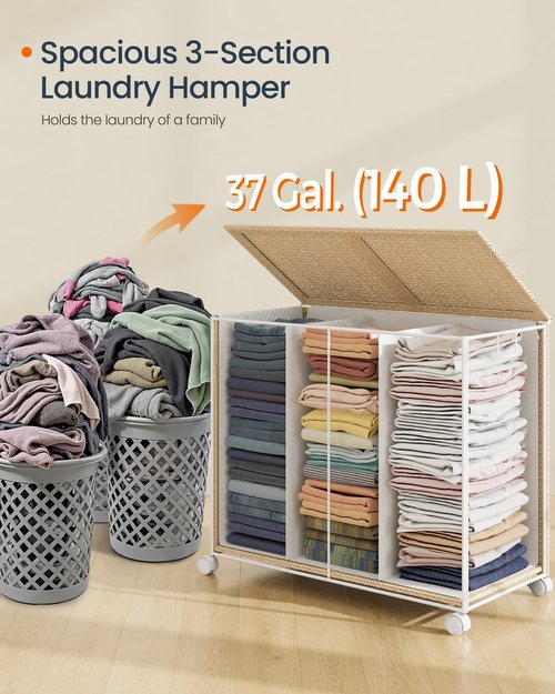SONGMICS HOME Laundry Hamper with 3 Section, Large 140 L Rolling Laundry Basket with Wheels, Rattan Clothes Basket with Lid, Removable Liner with Handles, Natural Beige and Matte White ULCB602N01