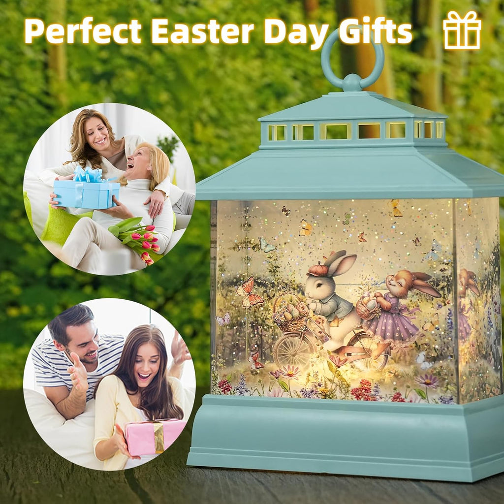 Skiennix Easter Snow Globe Lantern - Light-Up Bunny & Egg Decor with Timer | Glitter Spring Tabletop Decoration