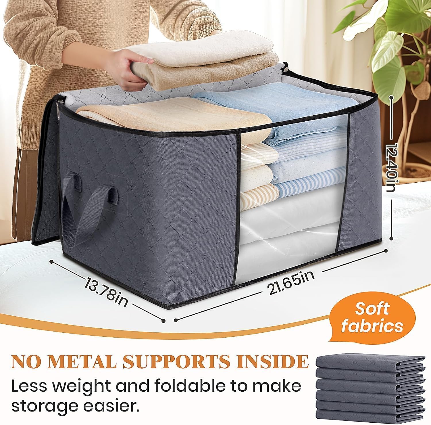 Skiennix Large Clothes Storage Bags - 4 Pack Foldable Organizers with Clear Window for Blankets & Seasonal Clothing | Gray