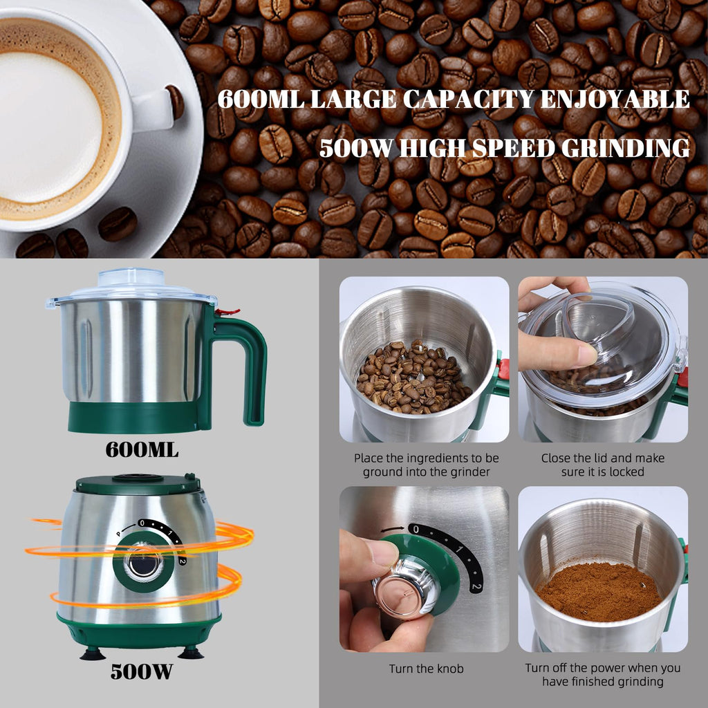 Versatile Kitchen Grinder | 500W Electric Mill | Grinds Spices, Nuts, Grains, Coffee | 3 Stainless Steel Blades | Dry Use (Black)