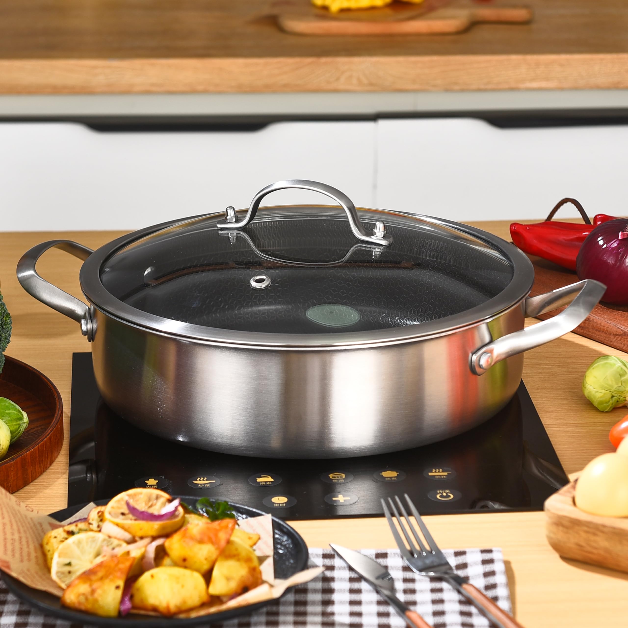 Inqibee 6 QT Hybrid Nonstick Saute Pan with Lid, Tri-Ply Stainless Steel 12 Inch Deep Frying Pan Cookware, Induction Compatible, All Cooktops, Oven & Dishwasher Safe