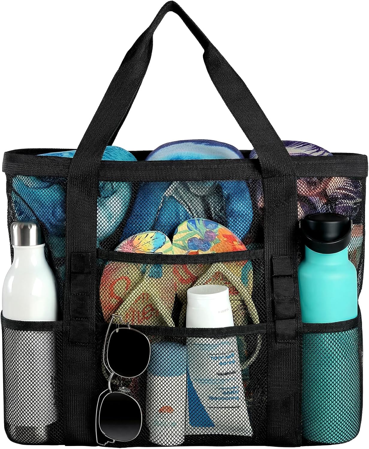 Mesh Beach Bag by [Brand Name] - Large Tote with 8 Pockets for Vacation Essentials