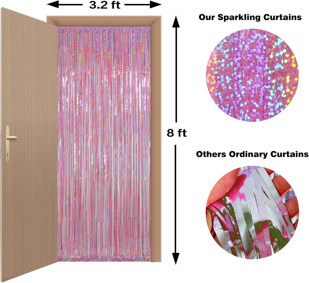 Melsan Pink Tinsel Curtains - Sparkling Metallic Foil Backdrop for Princess Birthday Parties | 3.2 ft x 8.2 ft, 2 Pack