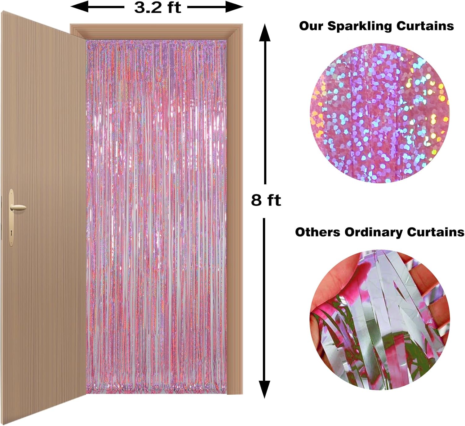 Melsan Pink Tinsel Curtains - Sparkling Metallic Foil Backdrop for Princess Birthday Parties | 3.2 ft x 8.2 ft, 2 Pack