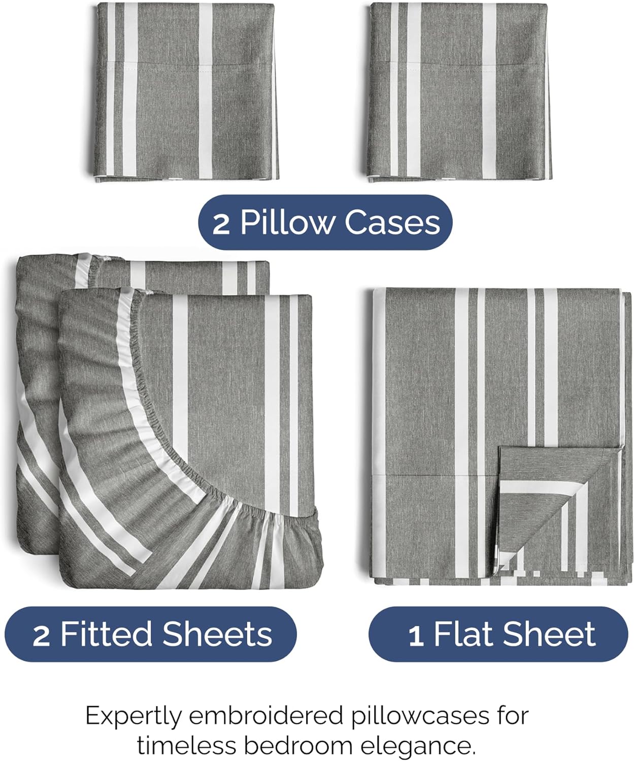 Split King Size 5 Piece Sheet Set | Comfy Cooling Bed Sheets - Hotel Luxury Bedding - Grey Stripes