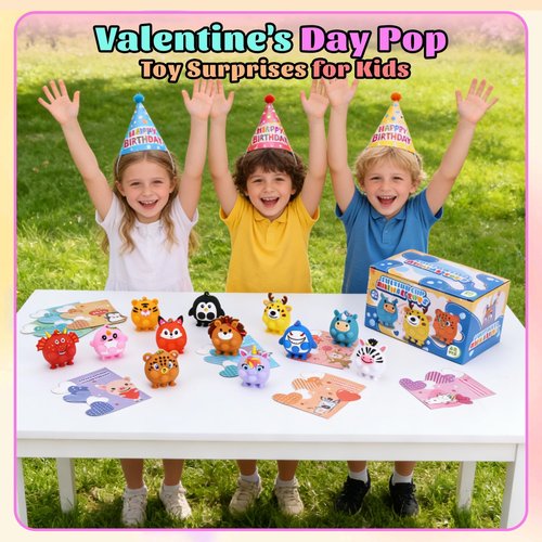 Kiddelo 24 Pack Valentines Day Cards for Kids School Classroom Exchange, Animal Pop Fidget Suction Keychains with 24 Cards, 12 Designs Non Candy Party Favors and Goodie Bag Stuffers