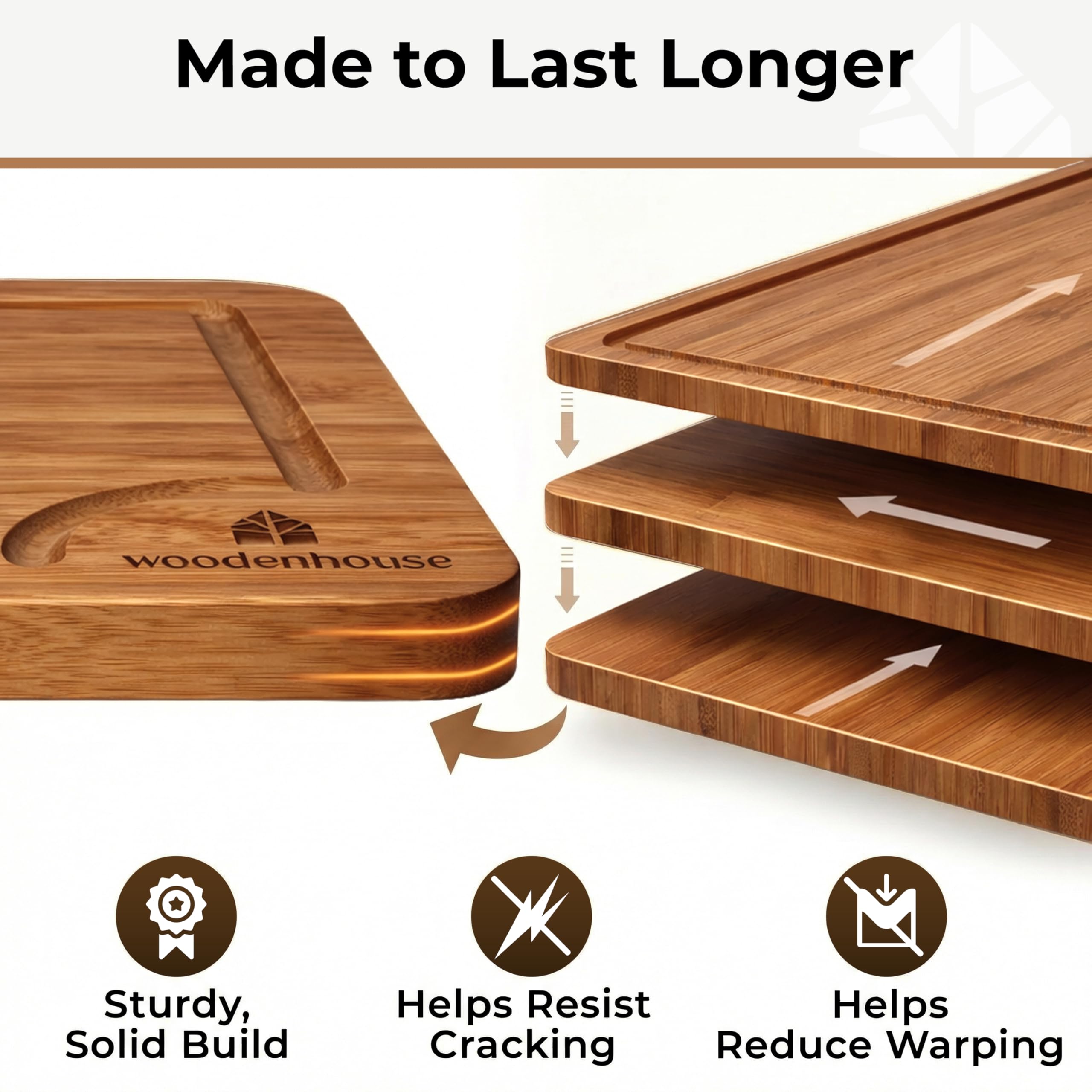 Wood Cutting Board Set of 3 with Holder - Sturdy & Easy to Clean Bamboo Wooden Cutting Boards for Kitchen - 3 Sizes of Chopping Board with Juice Grooves for Meal Prep, Everyday Use, Housewarming Gift