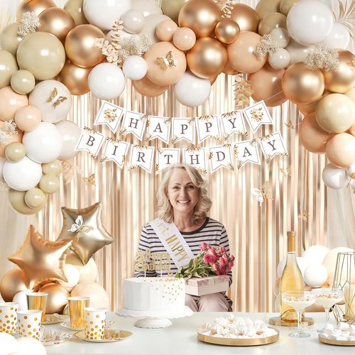 Beige Cream and Neutral Boho Birthday Party Decorations with Happy Birthday Banner, Beige Apricot Champagne Gold Balloons, Sash, Fringe Curtain, Cake Topper, Butterfly for Women Girls Party Supplies