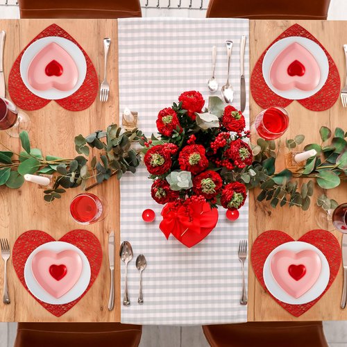 Jinei 16 Pcs Valentine‘s Day Tableware Set Include Large Pink Heart Ceramic Flat Plates White Dinner Ceramic Plates Red Heart Dish Bowls and Place Mats for Wedding Anniversary Party Decorations