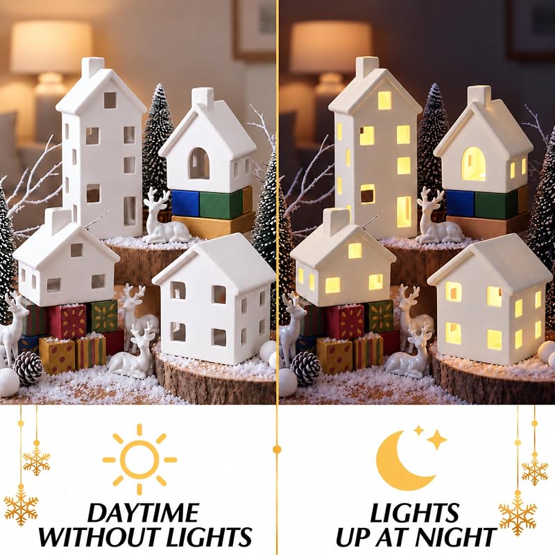 Ceramic Christmas Village Houses Set, 4 Piece Mantel Display