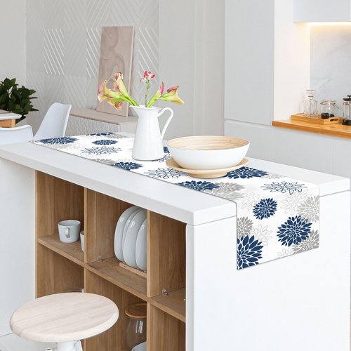 Dahlia Flower Table Runner 13x71 Inch Farmhouse Blue Gray Runners Modern Table Decorations Rustic Geometric Coffee Table Runner for Home Kitchen Dining Room Party (13"x71", Dahlia Floral-Blue)