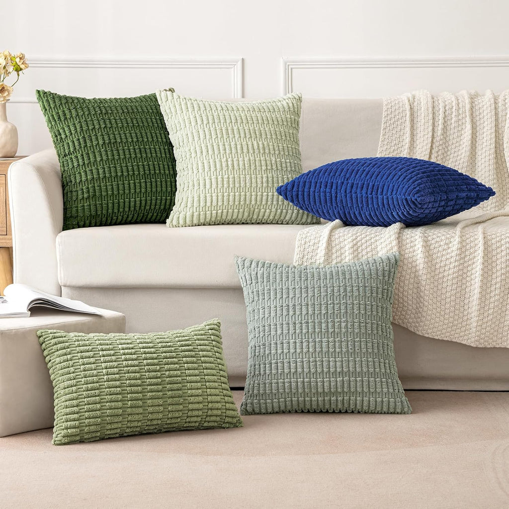 MIULEE Decorative Throw Pillow Covers - Soft Boho Striped Corduroy | Pack of 2, 18x18 Inch, Moss Green for Modern Farmhouse Decor