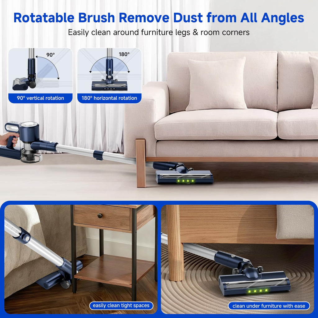 Clinkal Cordless Vacuum Cleaner - 6-in-1 Stick Vacuum with Powerful Suction, Rechargeable, Anti-Tangle Pet Hair Brush, Self-Standing, Green LED Headlight Vacuum for Carpet & Hardwood Floors-Dark Blue