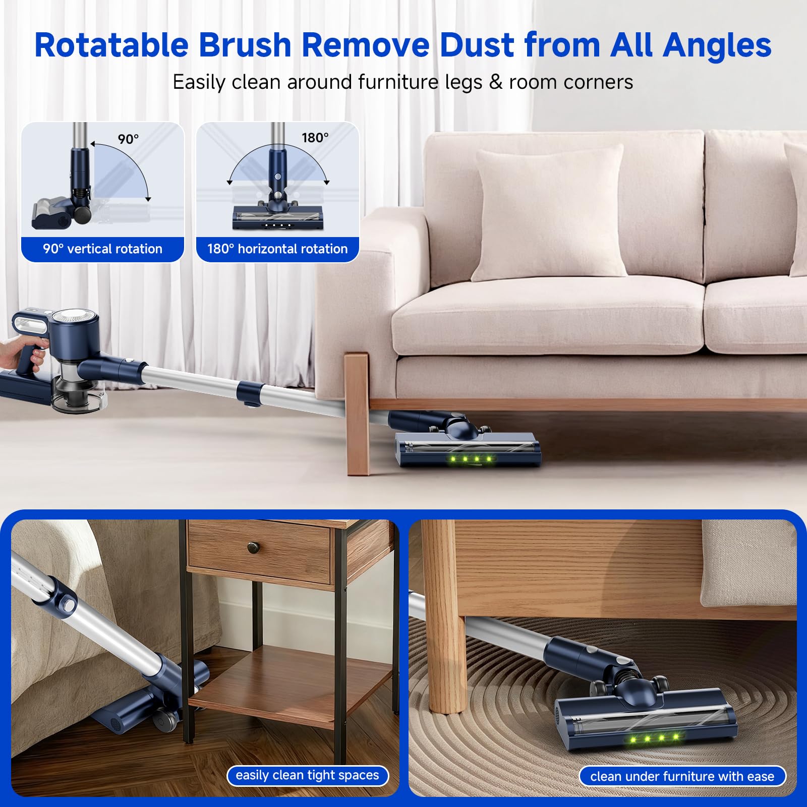 Clinkal Cordless Vacuum Cleaner - 6-in-1 Stick Vacuum with Powerful Suction, Rechargeable, Anti-Tangle Pet Hair Brush, Self-Standing, Green LED Headlight Vacuum for Carpet & Hardwood Floors-Dark Blue