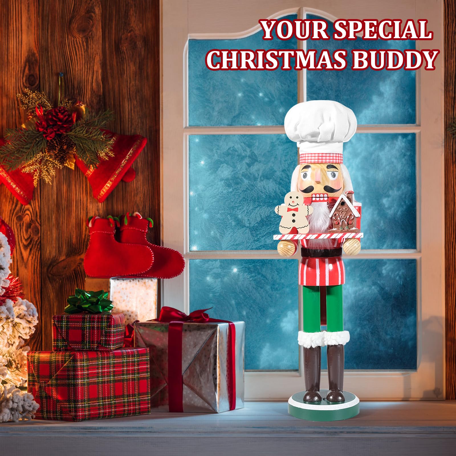 GlisDyck 15 Inch Chef Nutcracker Christmas Decor, Nutcrackers Figures, Festive Collectible Figurine Gift for Table Desktop Fireplace Thanksgiving Holiday Display (White Green)