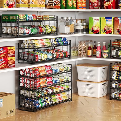 2-Pack Stackable Can Organizer for Pantry Shelf, Adjustable Extra-Long Rolling Can Rack for Kitchen Cupboard Storage, Sturdy Standing Can Holder for Canned Food Goods Soda up to 128, 2 Tier, Black