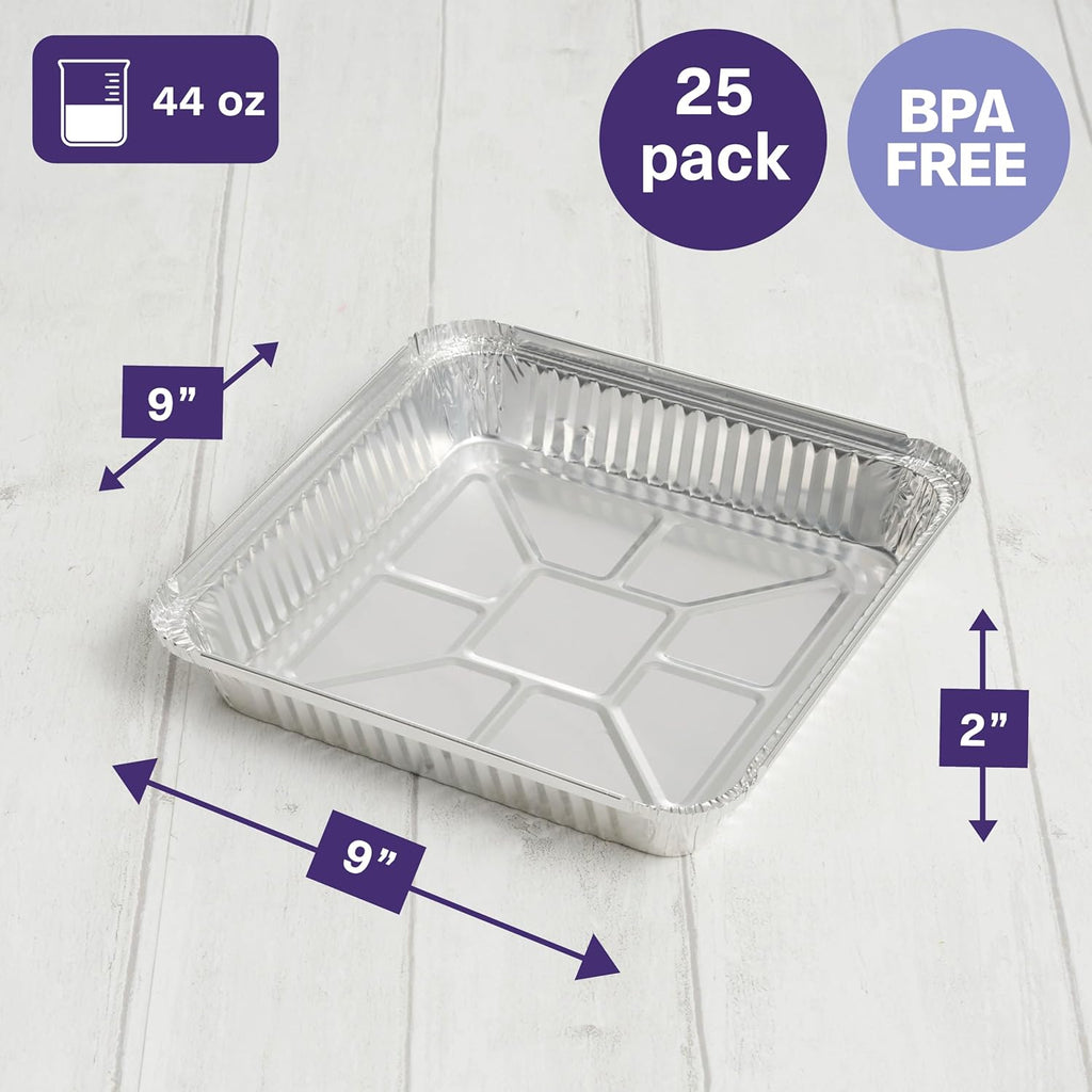 Matana 9-Inch Square Aluminum Pans with Lids - 25 Pack Disposable Foil Baking Trays & Food Containers