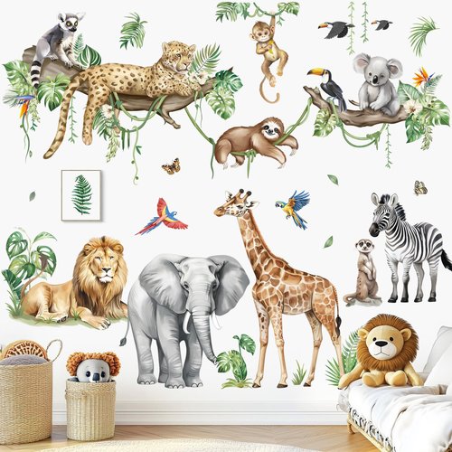 decalmile Large Jungle Animals Tree Branch Wall Stickers Safari Elephant Giraffe Leopard Tropical Leaves Wall Decals Baby Nursery Kids Room Wall Decor(XXL)