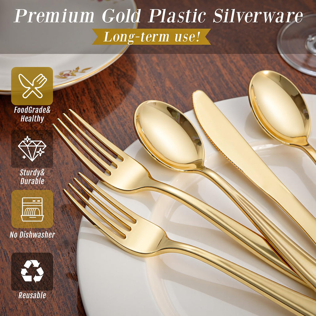 WDF 500PCS Gold Plastic Silverware Set Disposable - Gold Cutlery Set Plastic - 250Forks, 125 Spoons, 125 Knives for Party Baby Shower Wedding Spring