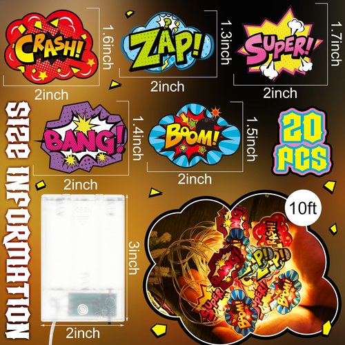 Tujoe Hero Party Decorations Hero String Lights 20 LED 10 ft Comic Action Hanging Garland Decorations Battery Operated for Birthday Baby Shower Room Wall Decor
