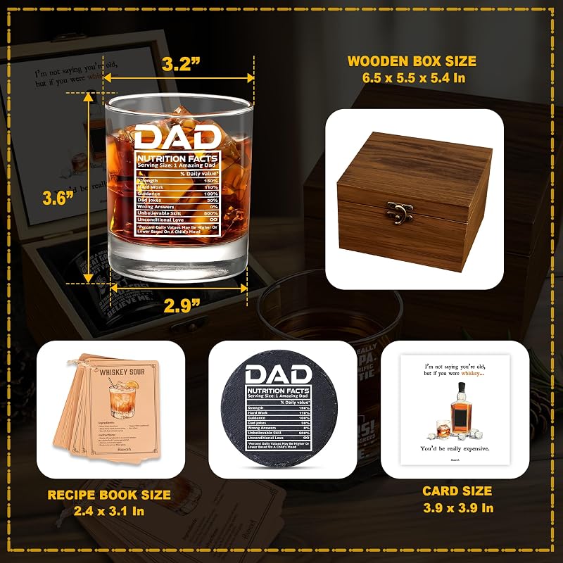 Dad Nutrition Facts Whiskey Gift Set in Wooden Box – 11oz Glass, Coaster, Recipe Cards – Variation of THIS listing