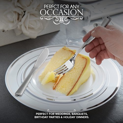 700 Piece Silver Dinnerware Set: 200 Silver-Rim Plastic Plates, 100 Silver Silverware, 100 Plastic Cups, 100 Cloth-Like Napkins, Bulk Wedding Plates Disposable Set 100 Guests