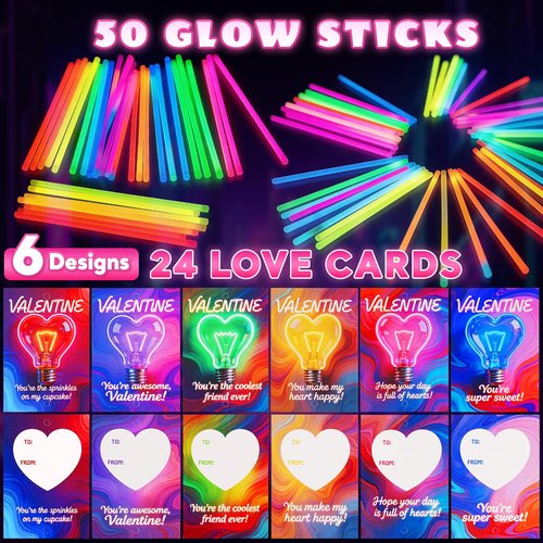 50 Glow Sticks with 24 Valentines Day Card, Glow in The Dark Neon Party Favors for Classroom Exchange, School Prizes, Kids Valentines Day Gifts Party Supplies Glow Stick Bracelets and Necklaces