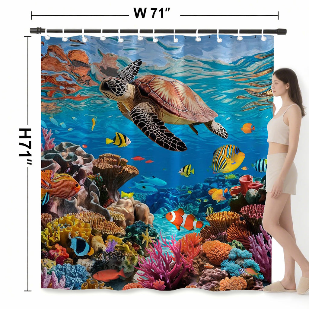Mocsicka Ocean Shower Curtain Sea Turtle Underwater World Bathroom Decor for Kids Under The Sea Shower Curtain for Bathroom Fishes Coral Waterproof Bath Curtain with Hooks (71x71 Inch, Ocean)