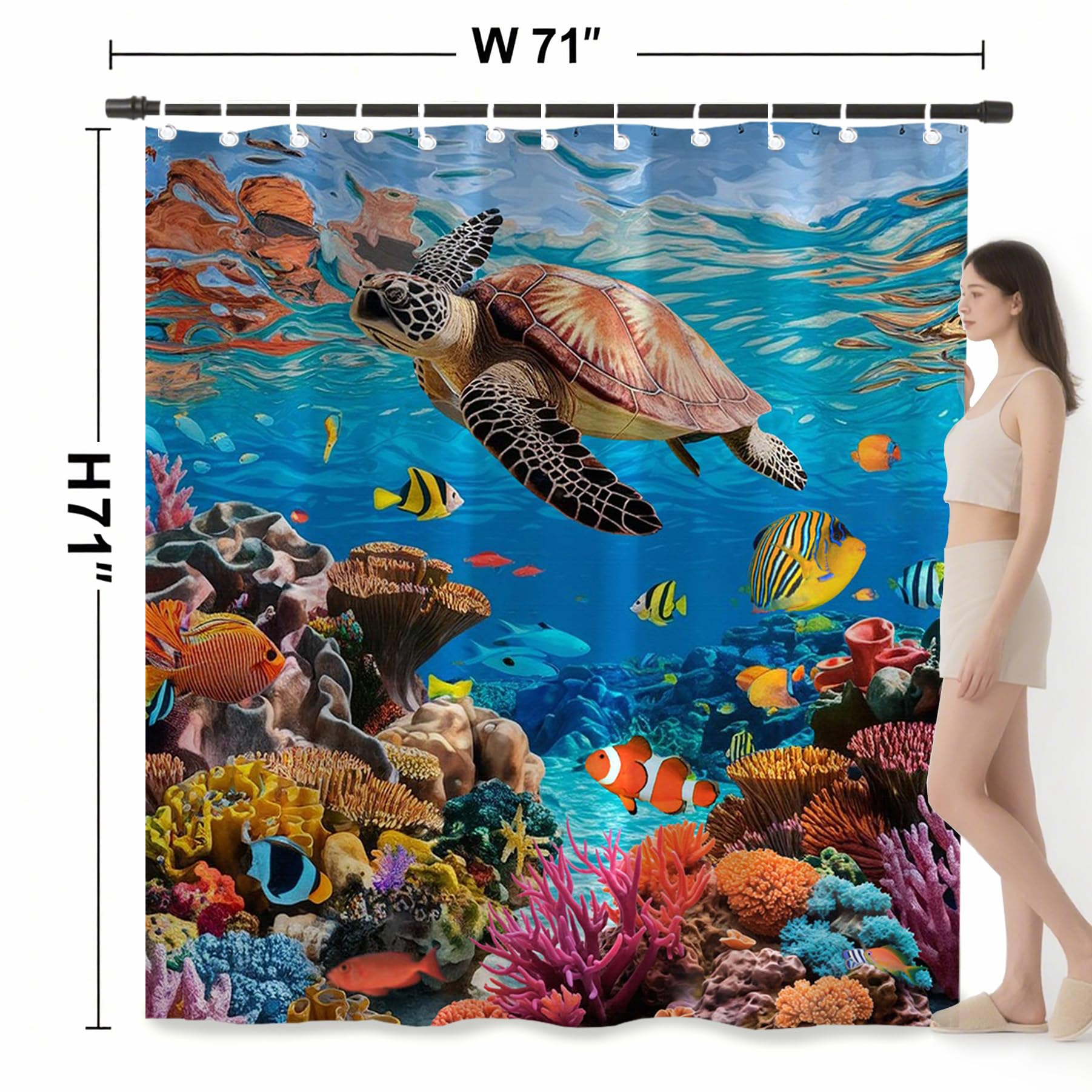 Mocsicka Ocean Shower Curtain Sea Turtle Underwater World Bathroom Decor for Kids Under The Sea Shower Curtain for Bathroom Fishes Coral Waterproof Bath Curtain with Hooks (71x71 Inch, Ocean)
