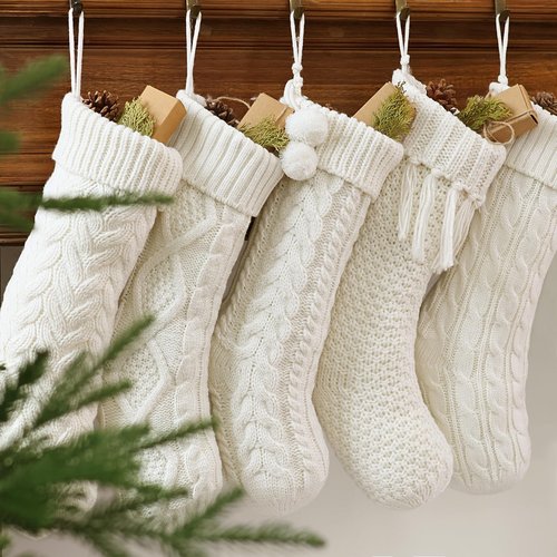 Farmhouse Knitted Personalized Christmas Stockings: 5 Pack 18 Inch Rustic Cable Knit Fireplace Cozy Hanging Xmas Stockings Boho Style Stocking Decorations for Family Holiday Décor, White Beige