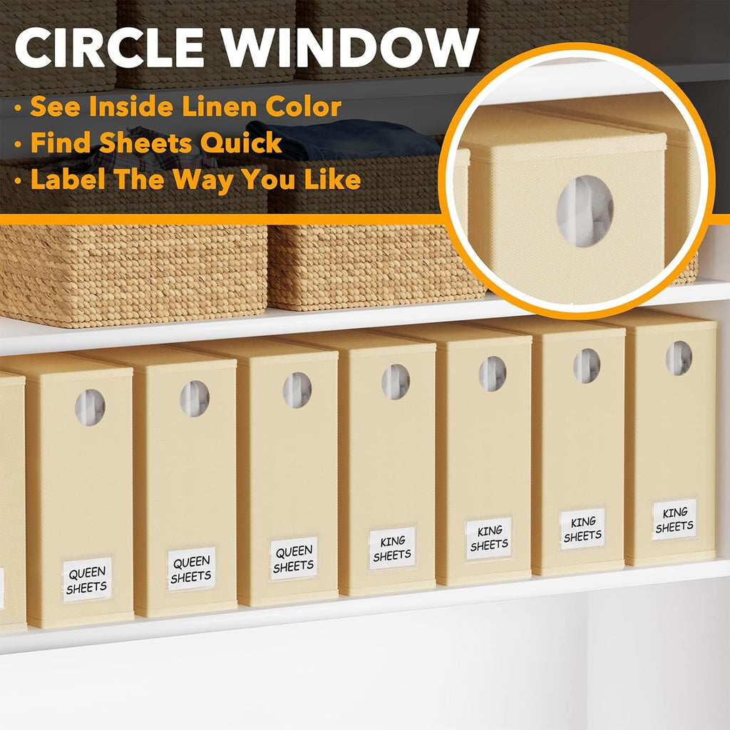 SpaceAid Bed Sheet Organizers - Foldable Linen Closet Storage with Window | XL for Queen & King Size (Beige, 8 Pack)