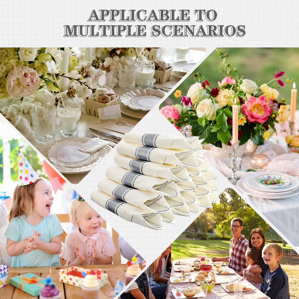 Zubebe 100 Pack Pre Rolled Silverware Set Disposable Wrapped Plastic Cutlery Set with Napkin Disposable Utensils Includes Forks Knives Spoons Napkins Wrapped for Party Dinners Wedding(Silver, White)