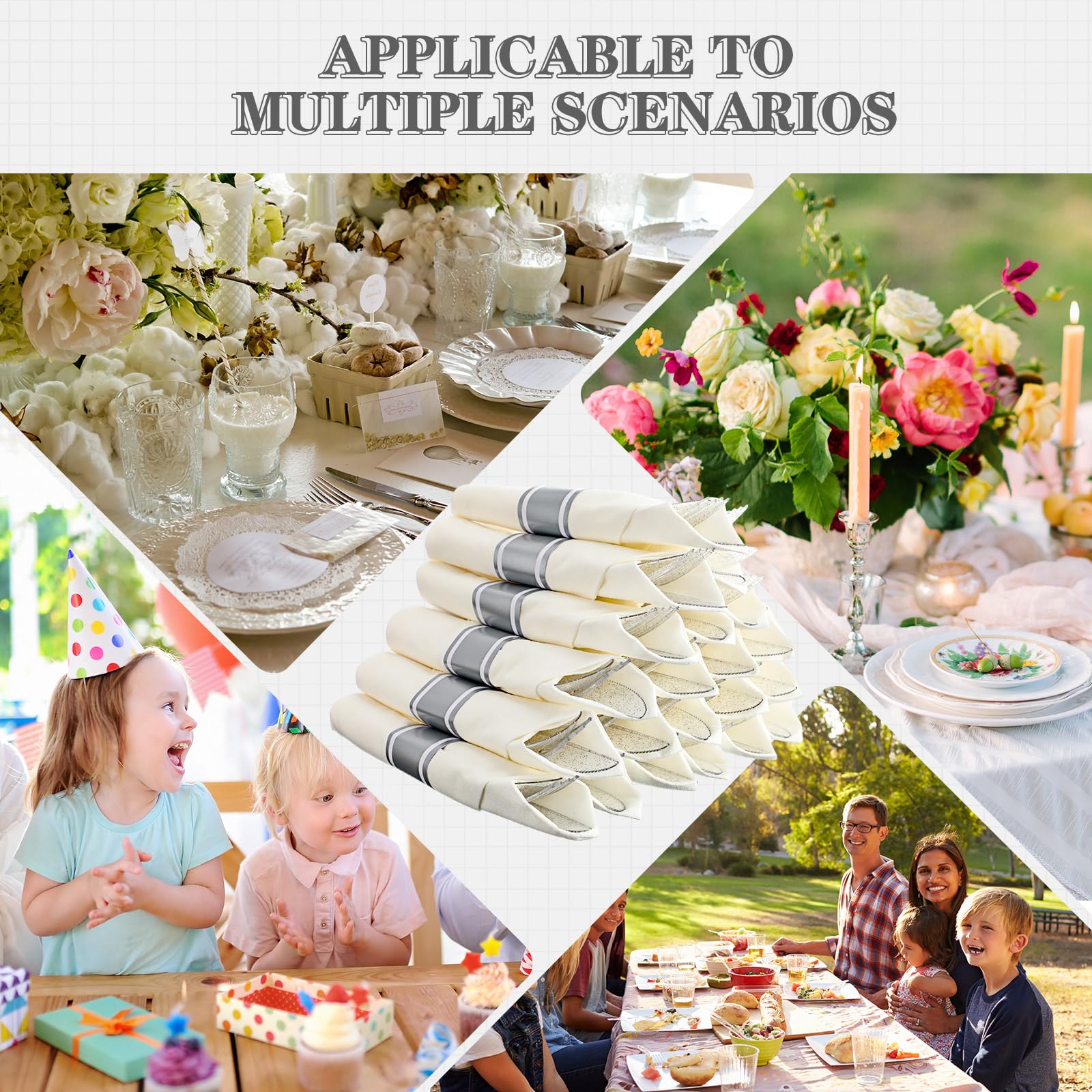 Zubebe 100 Pack Pre Rolled Silverware Set Disposable Wrapped Plastic Cutlery Set with Napkin Disposable Utensils Includes Forks Knives Spoons Napkins Wrapped for Party Dinners Wedding(Silver, White)