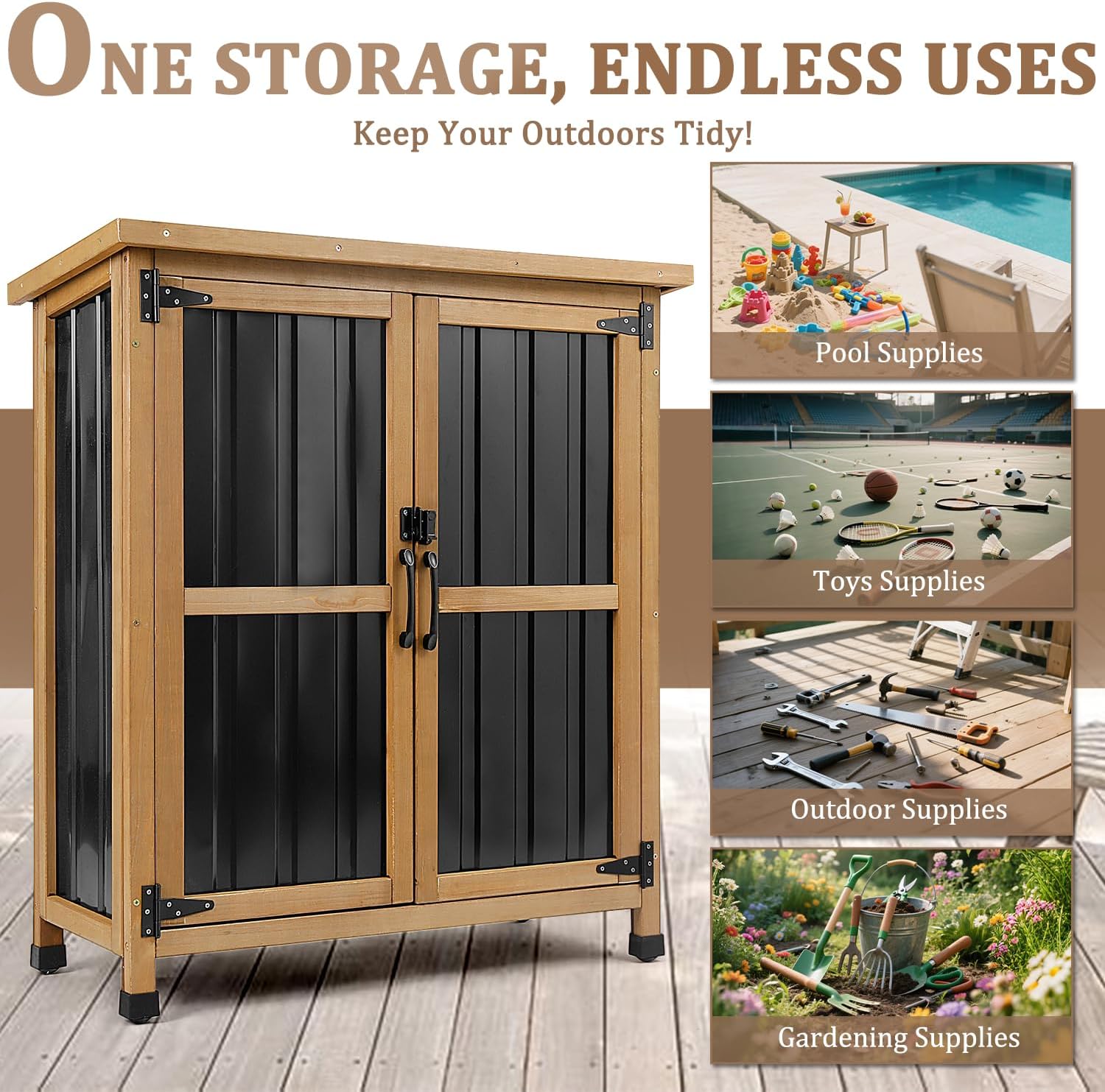 PetsCosset Weatherproof Outdoor Storage Cabinet - Lockable Wood & Metal Shed for Tools, Lawn Equipment & Pool Accessories