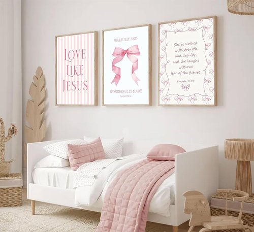 Christian Wall Art by 3Pcs - Inspirational Pink Canvas Prints | Eclectic Aesthetic Decor for Teen Girls 12x16in