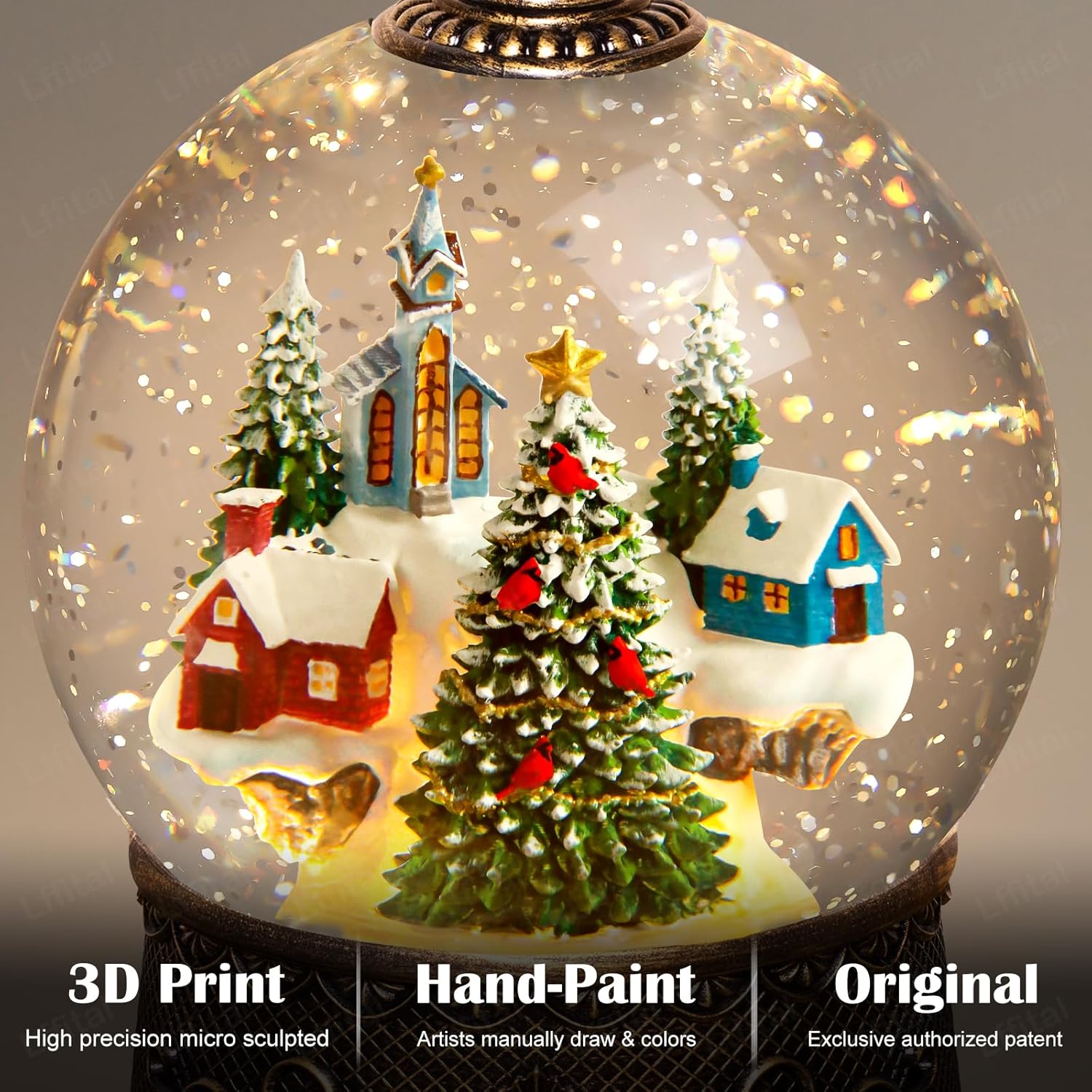 Skiennix Christmas Snow Globe Lantern - Lighted Indoor Decorations with Music Timer & Glitter | Mountain Church Design