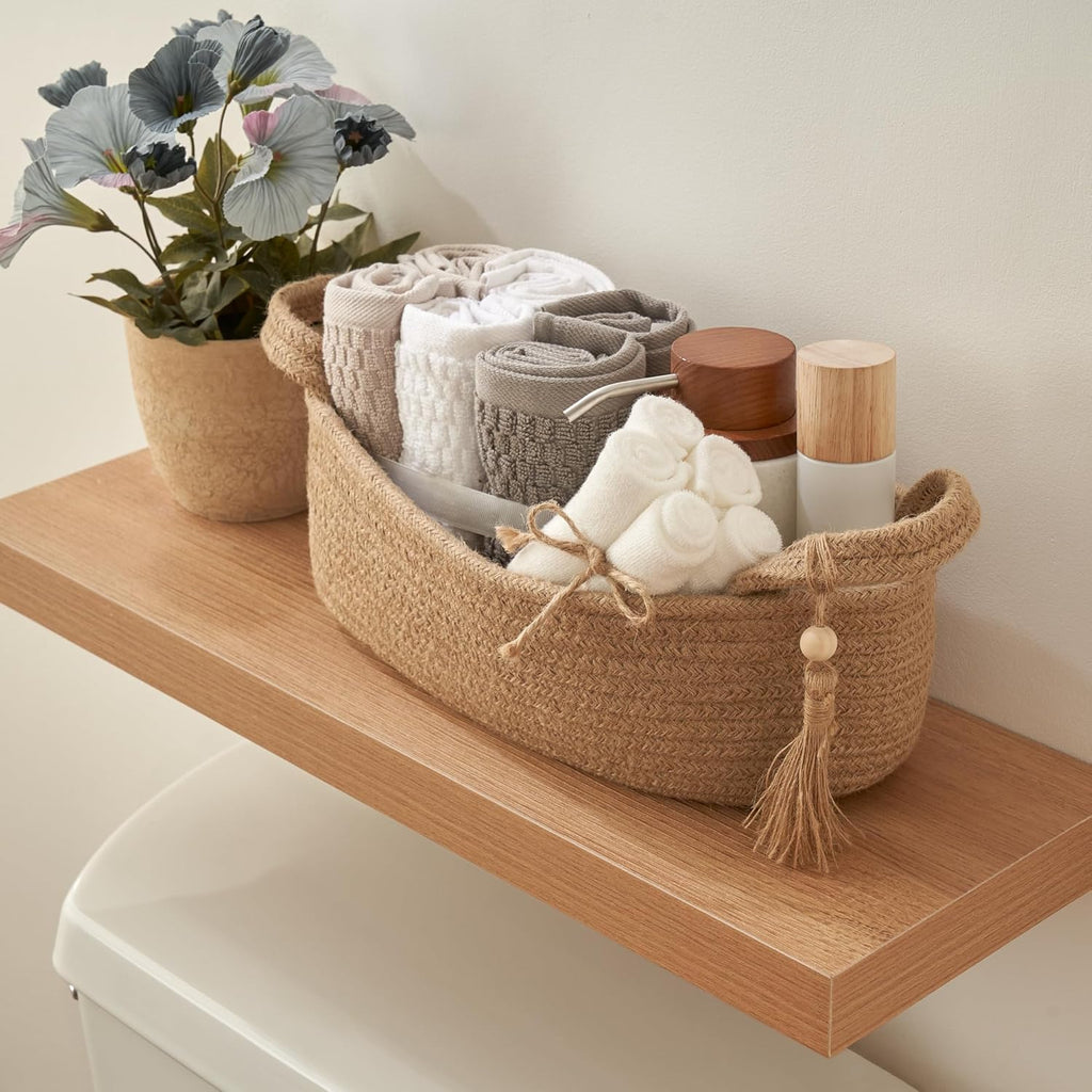 Skiennix Decorative Toilet Paper Basket - Stylish Bathroom Organizer for Tank Storage | Boho Jute Cotton Rope with Tassel