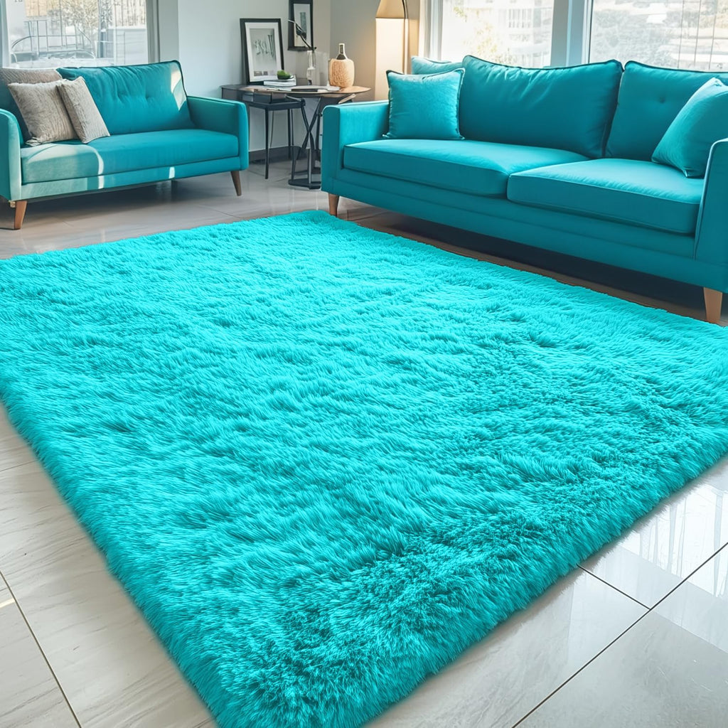 OLANLY Large Area Rug - Soft Fluffy Shaggy Carpet for Living Room & Bedroom | 5x8 Teal Blue