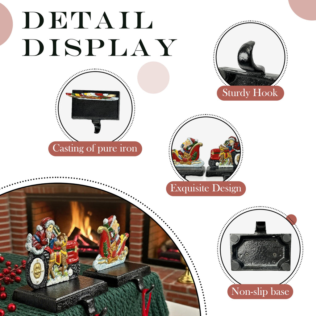 Linton Arts 2 Pack Cast Iron Christmas Stocking Holders for Mantle, Santa Claus Weighted Stocking Holder with Non-Slip Base, Vintage Ornament Hooks (Christmas Stocking Holders)