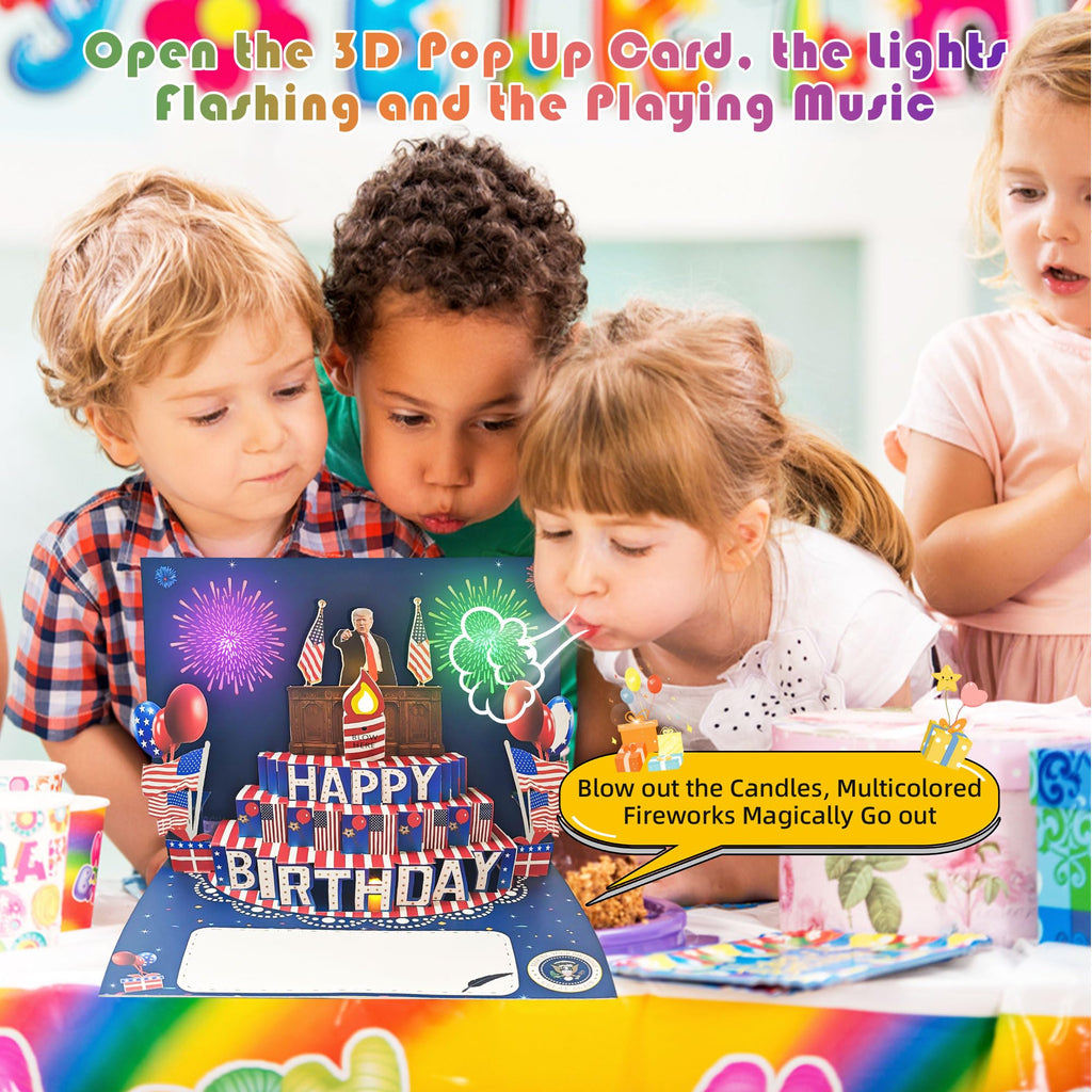 BELLESTILE Donald Trump Birthday Card with Lights and Music,3D Pop Up Fireworks Birthday Card with Blowable Candle,Greeting Cards,Birthday Gifts for Mom Women Men Kids Child Dad Father Wife ﻿